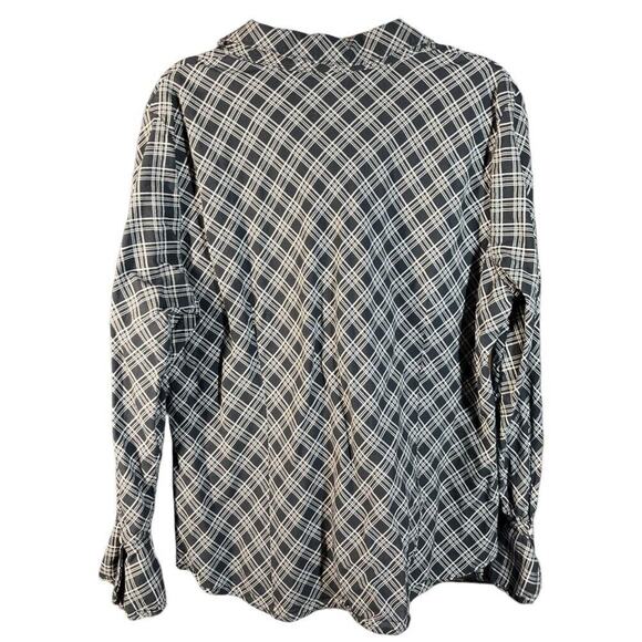 LRL Ralph Lauren Blouse 1X Black White Plaid Bell Cuff Long Sleeve Flared Top - Picture 2 of 9